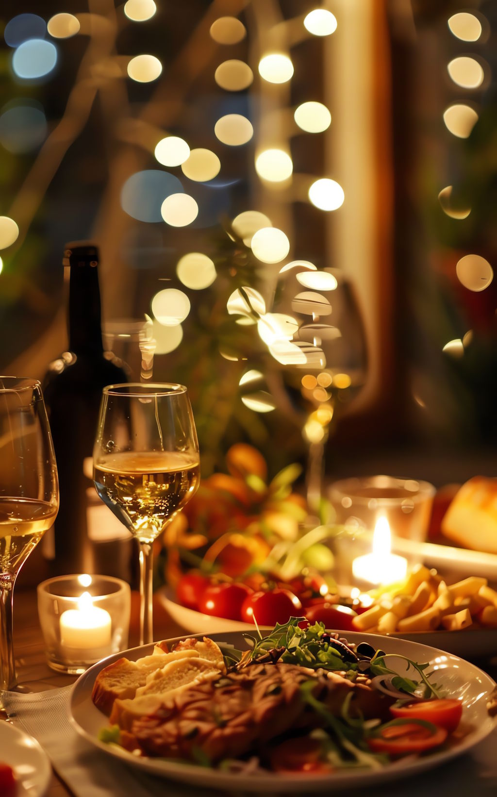 Tellergericht mit Glas Wein und Kerzen