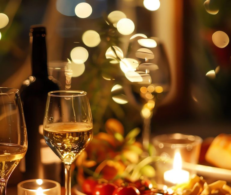 Tellergericht mit Glas Wein und Kerzen